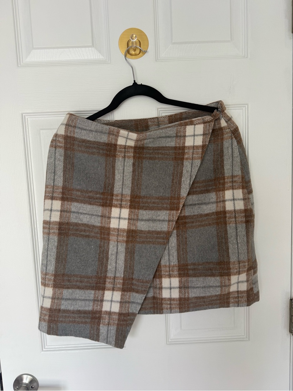Plaid Wrap Mini Skirt in Gray & Brown Small